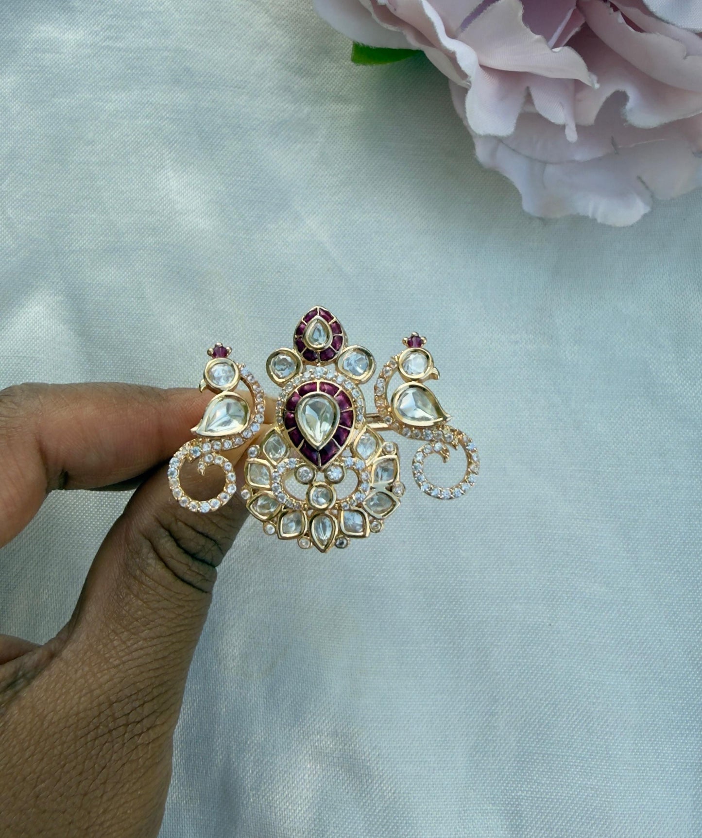 Cocktail finger ring polkis and peacock adjustable