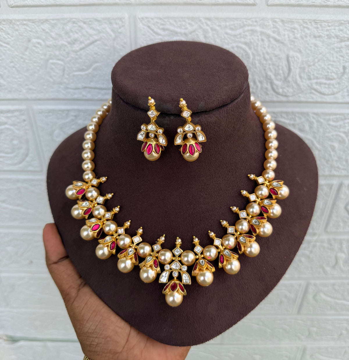 Ruby floral swaroski pearl real kundan necklace with earrings
