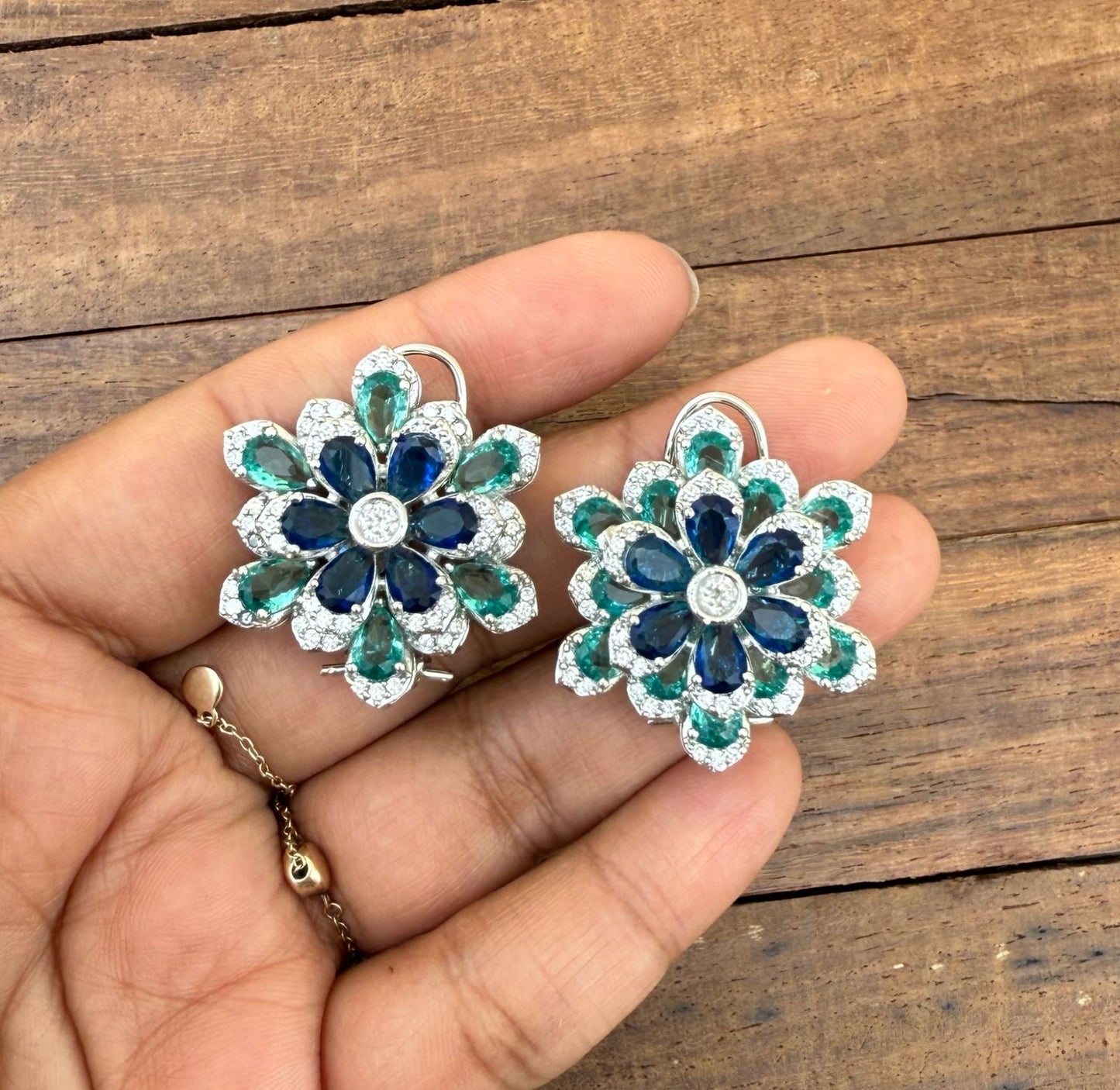 2 in 1 changeable dual shaded flower zircon cocktail studs