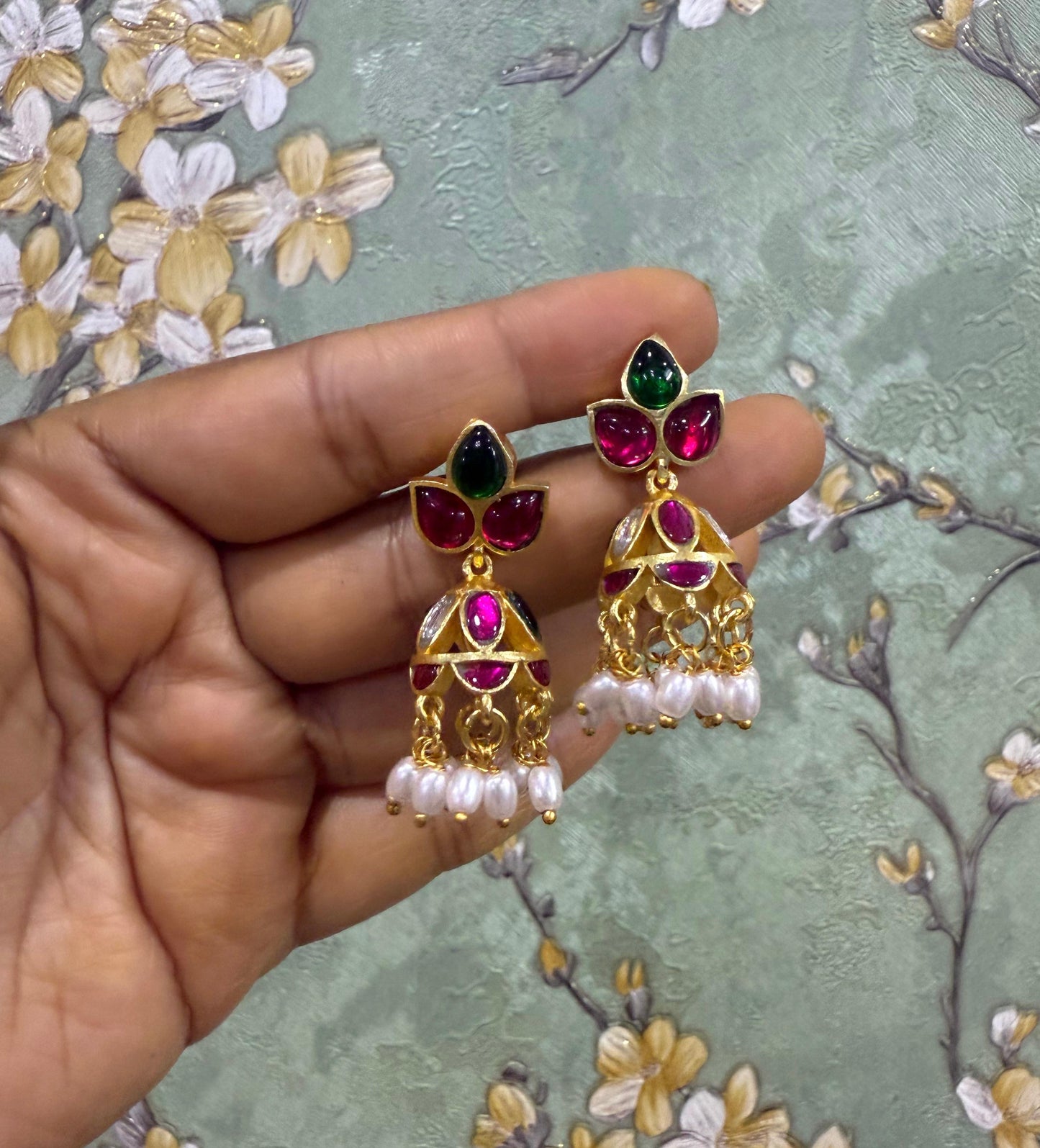 Three stone real kundan small rice pearl jhumkas