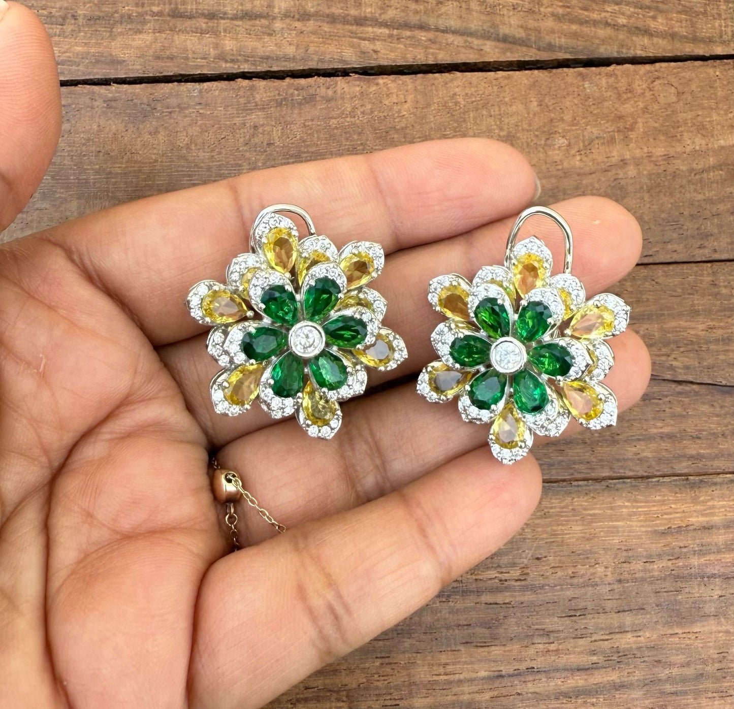 2 in 1 changeable dual shaded flower zircon cocktail studs