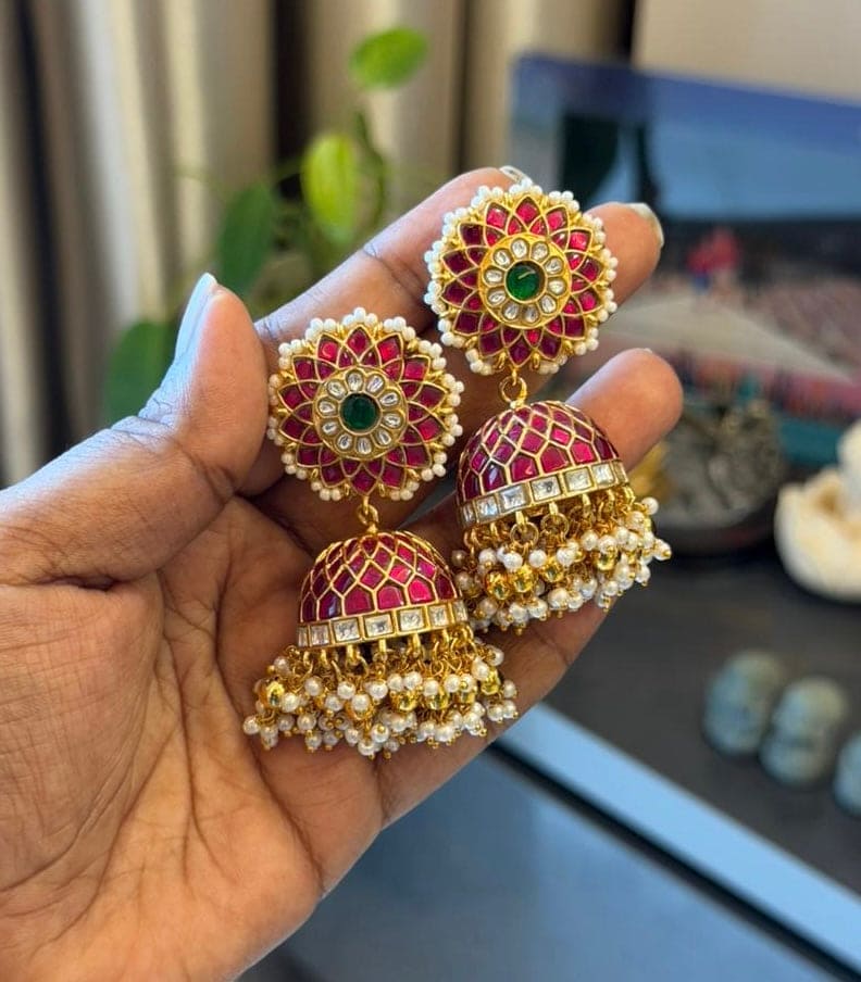 flower studded real kundan bridal pride jhumkas