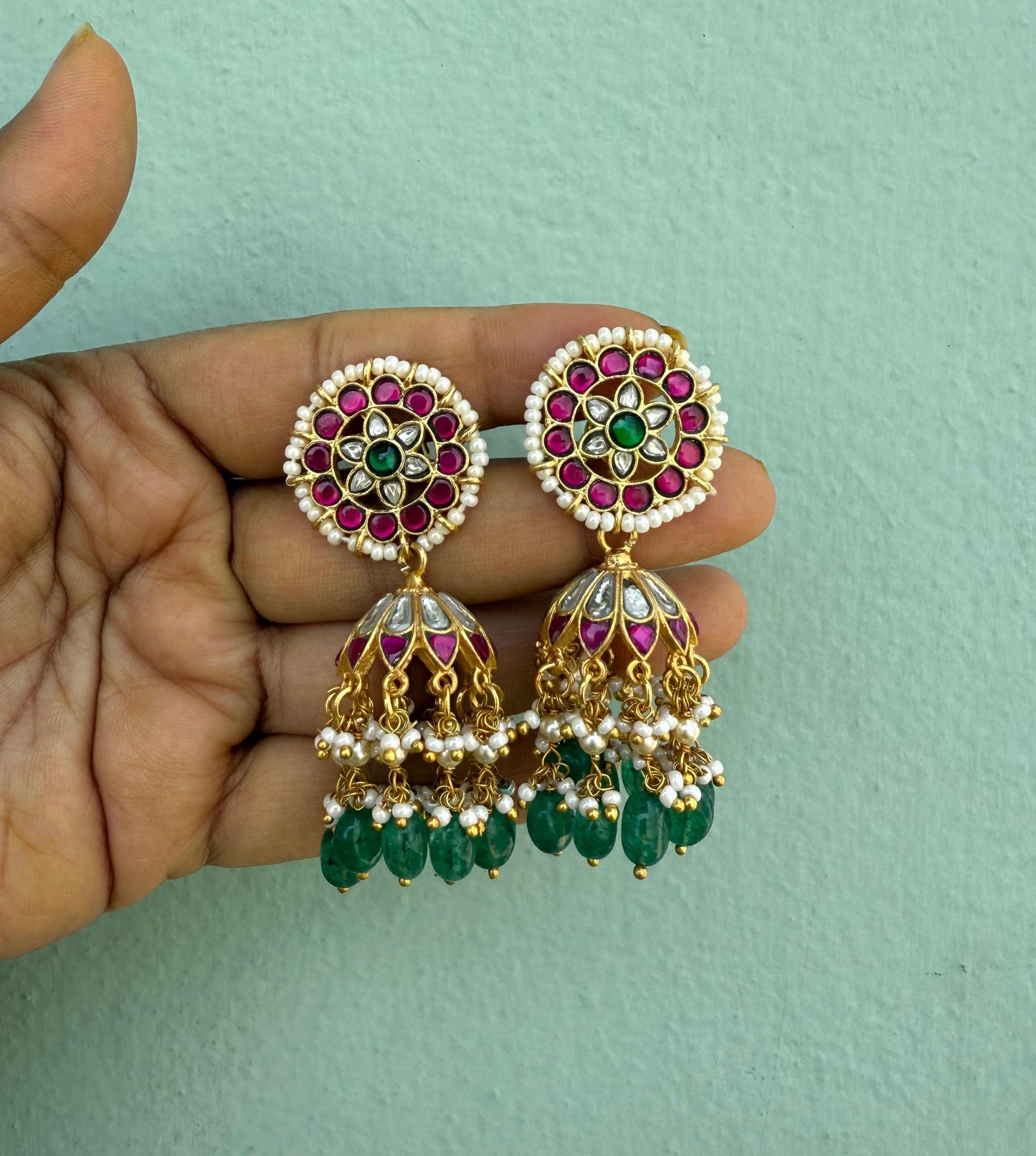 Round flower stud multi real kundan jhumkas 7