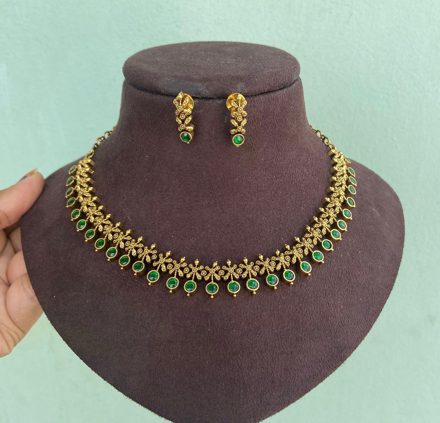 Real kundan jadau round drop ruby green necklace with hangings