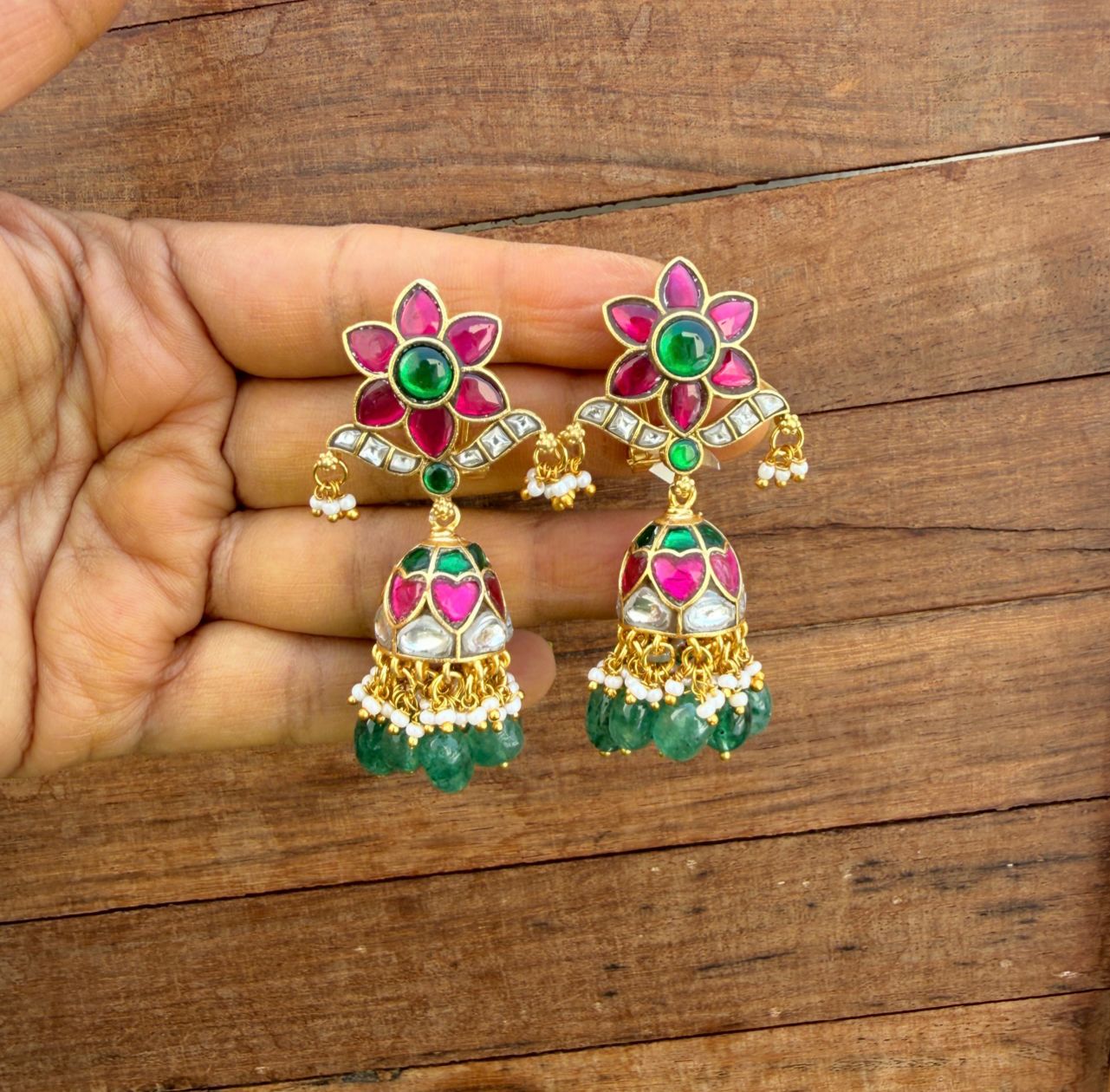 Designer flower real Kundan heart jhumkas