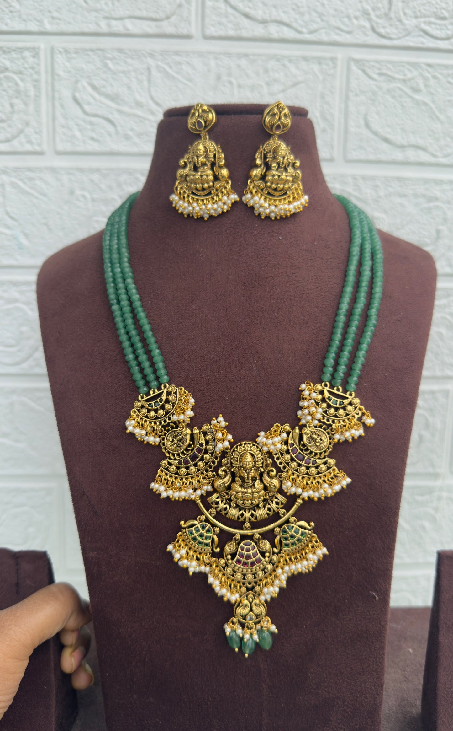 Lakshmi devi green beads medium size neckset