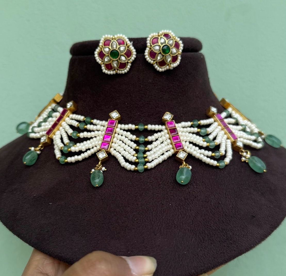 Five layered real kundan necklace with studs 6