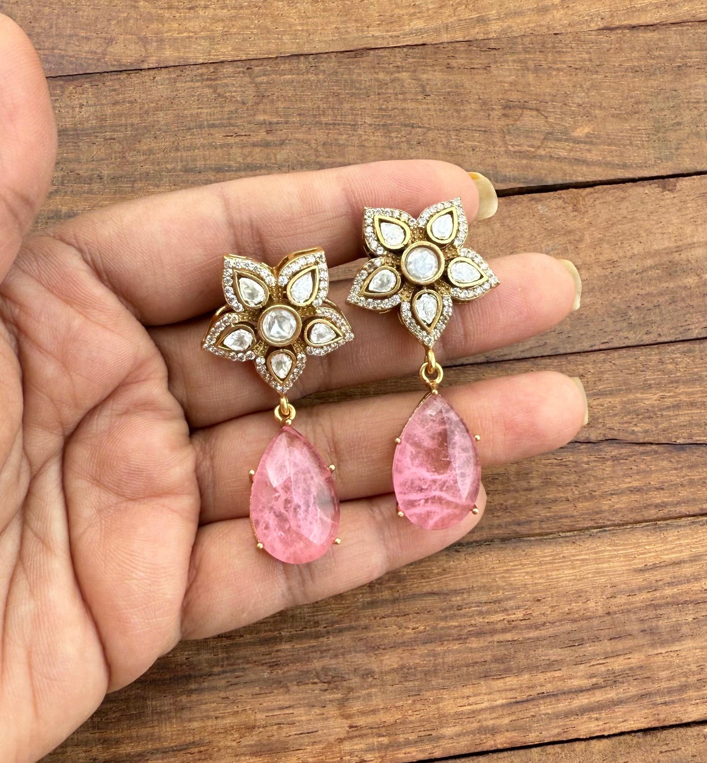 Flower moissanite double stone designer pearl drop earrings