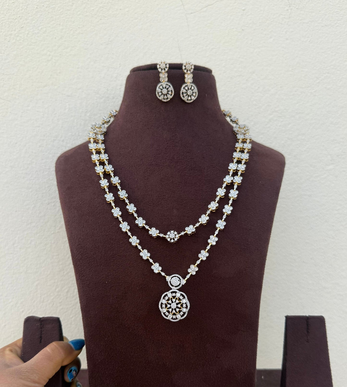 Two layered diamond drop four stone necklace with earrings