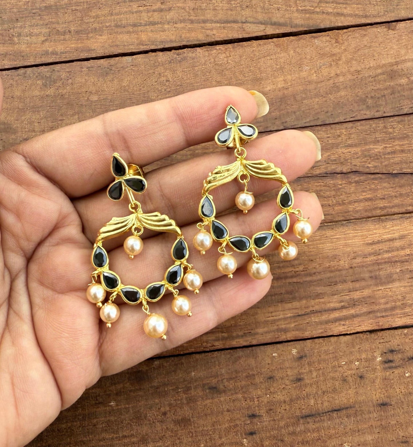 Three stone detachable gold replica chandbalis