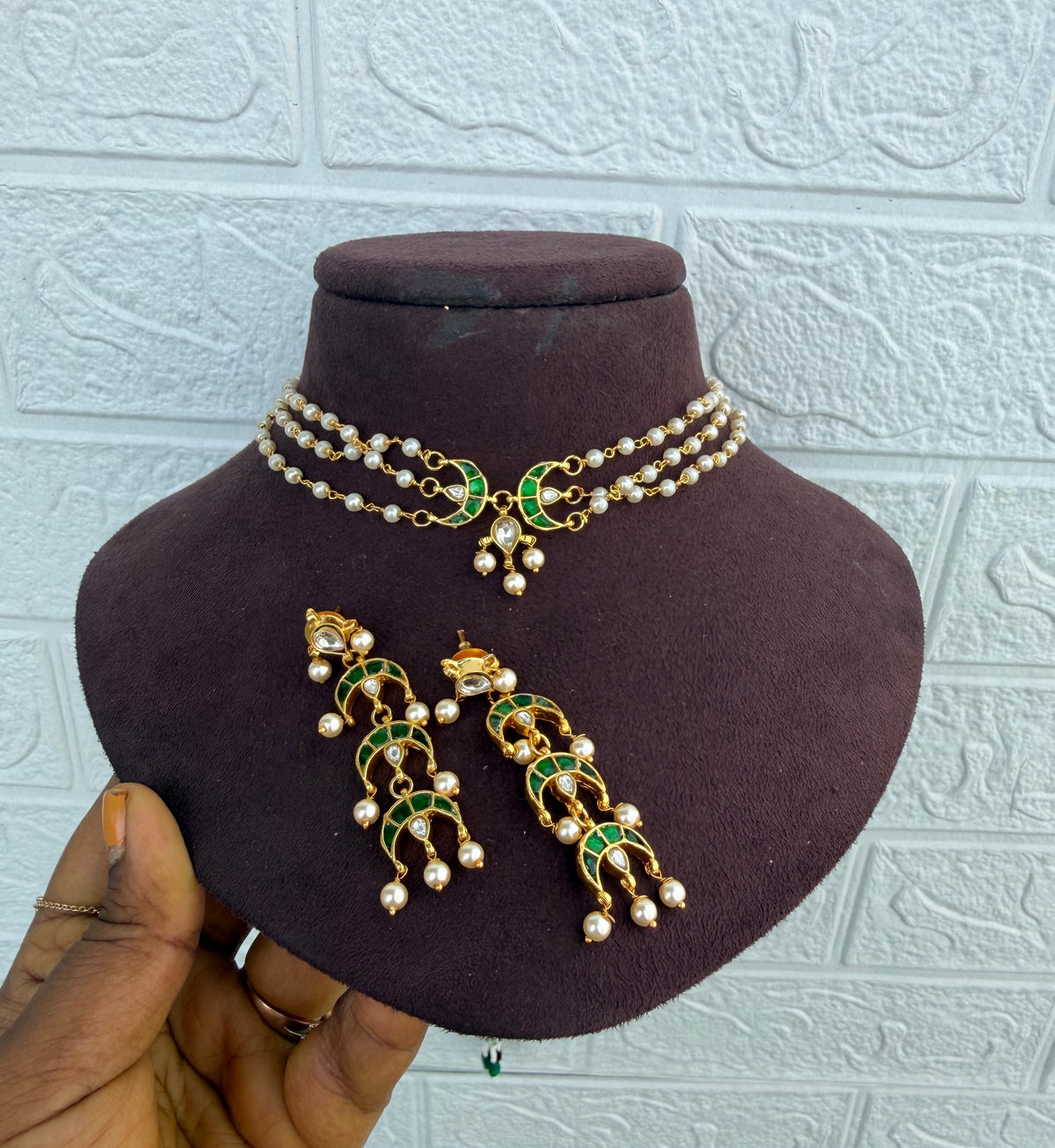 Three pearl moon real kundan choker with hanging earrings