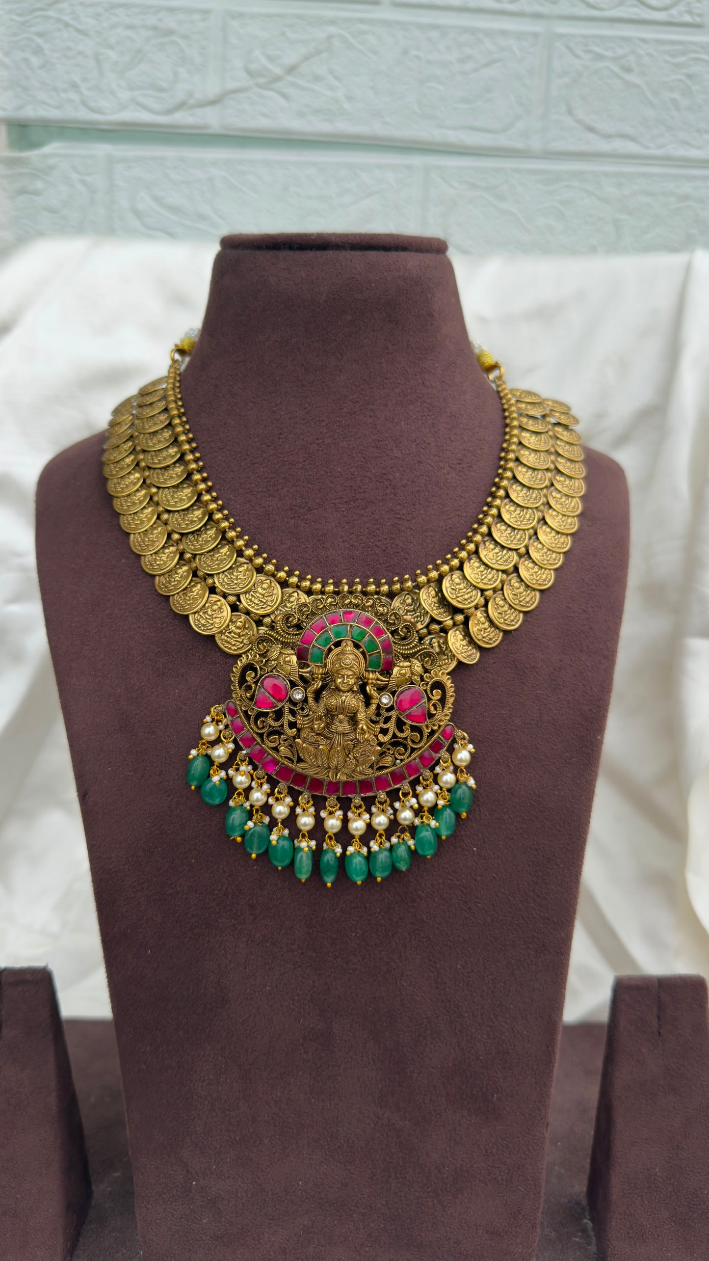 Two layered lakshmi kasu real kundan lakshmi locket heavy necklace