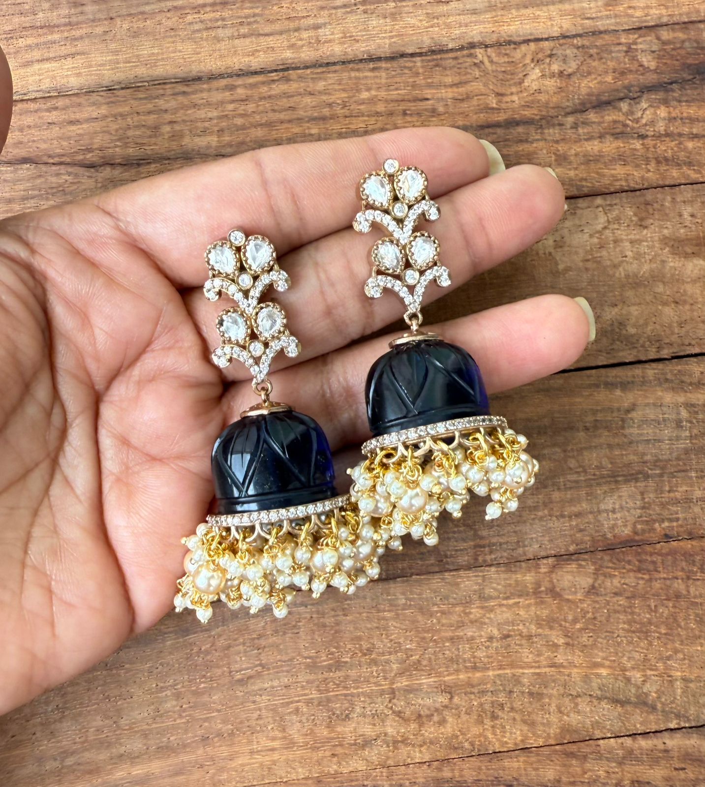 Rosegold flower embossed double layered pearl hanging jhumkas