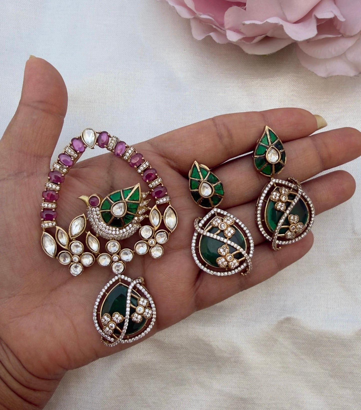 bird moissanite victorian locket combo with hanging earrings