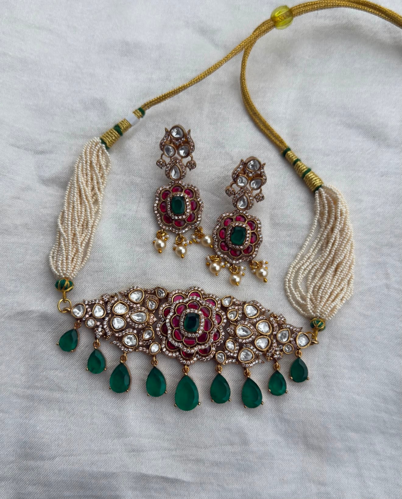 Pearl moissanite victorian real kundan designer choker with earrings