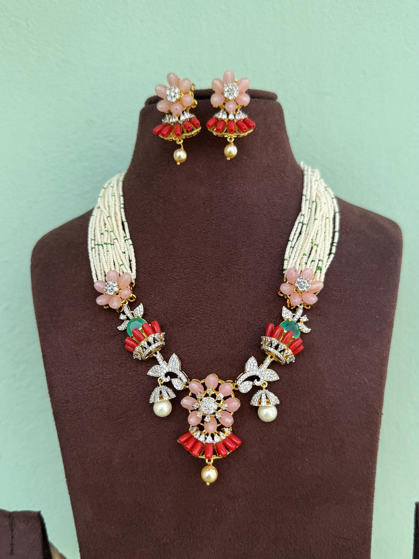 Coral rose pearl necklace with hanging earrings