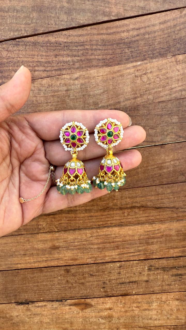 Affordable flower pearl real Kundan jhumkas