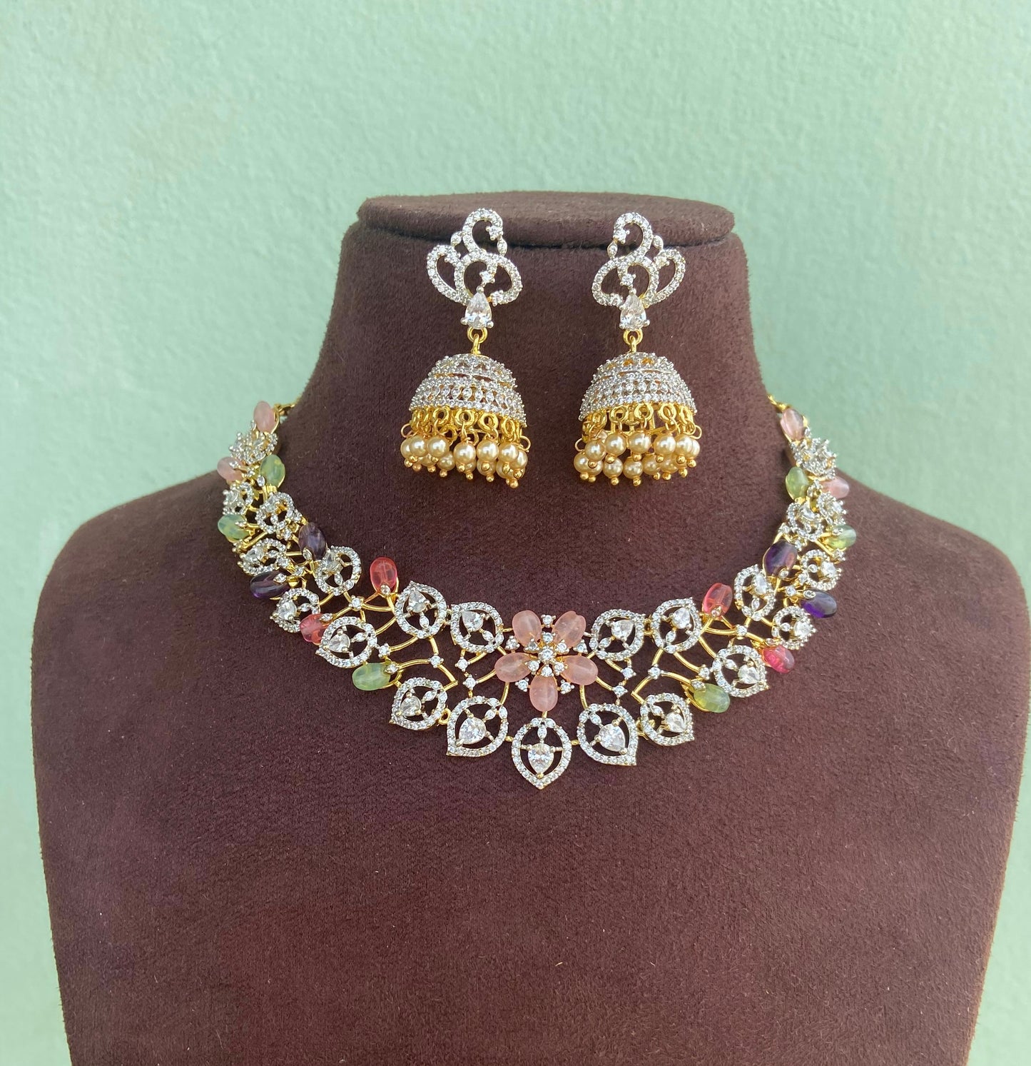Diamond finish 1999 sale choker jhumkas
