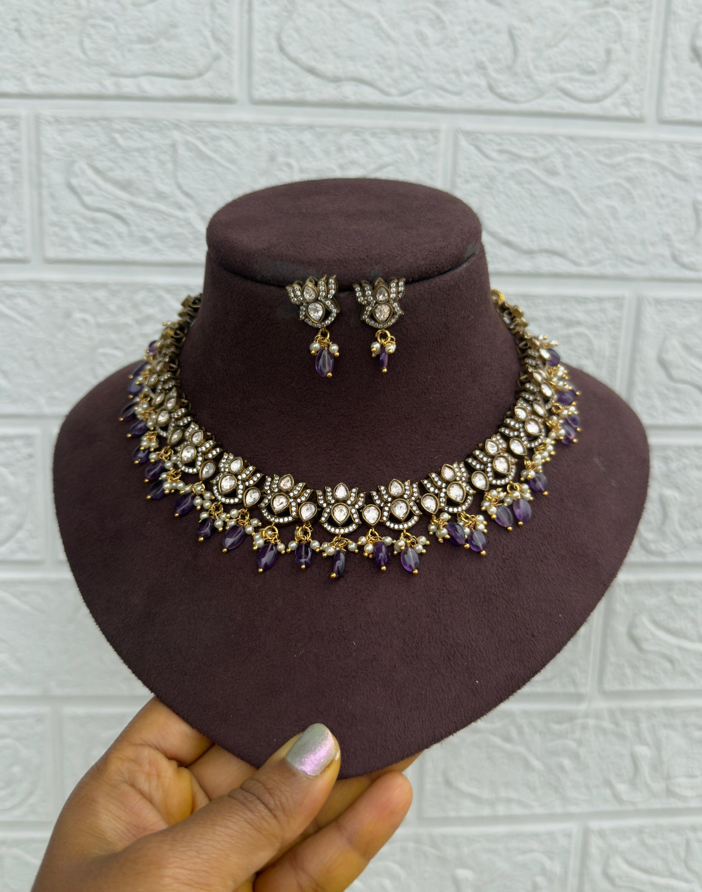 Full of lotus classic moissanite purple victorian necklace with earrings