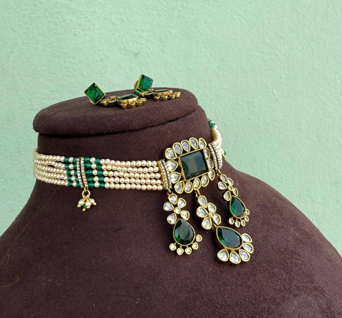 Three pearl drop kundan beaded emerald choker with hangings
