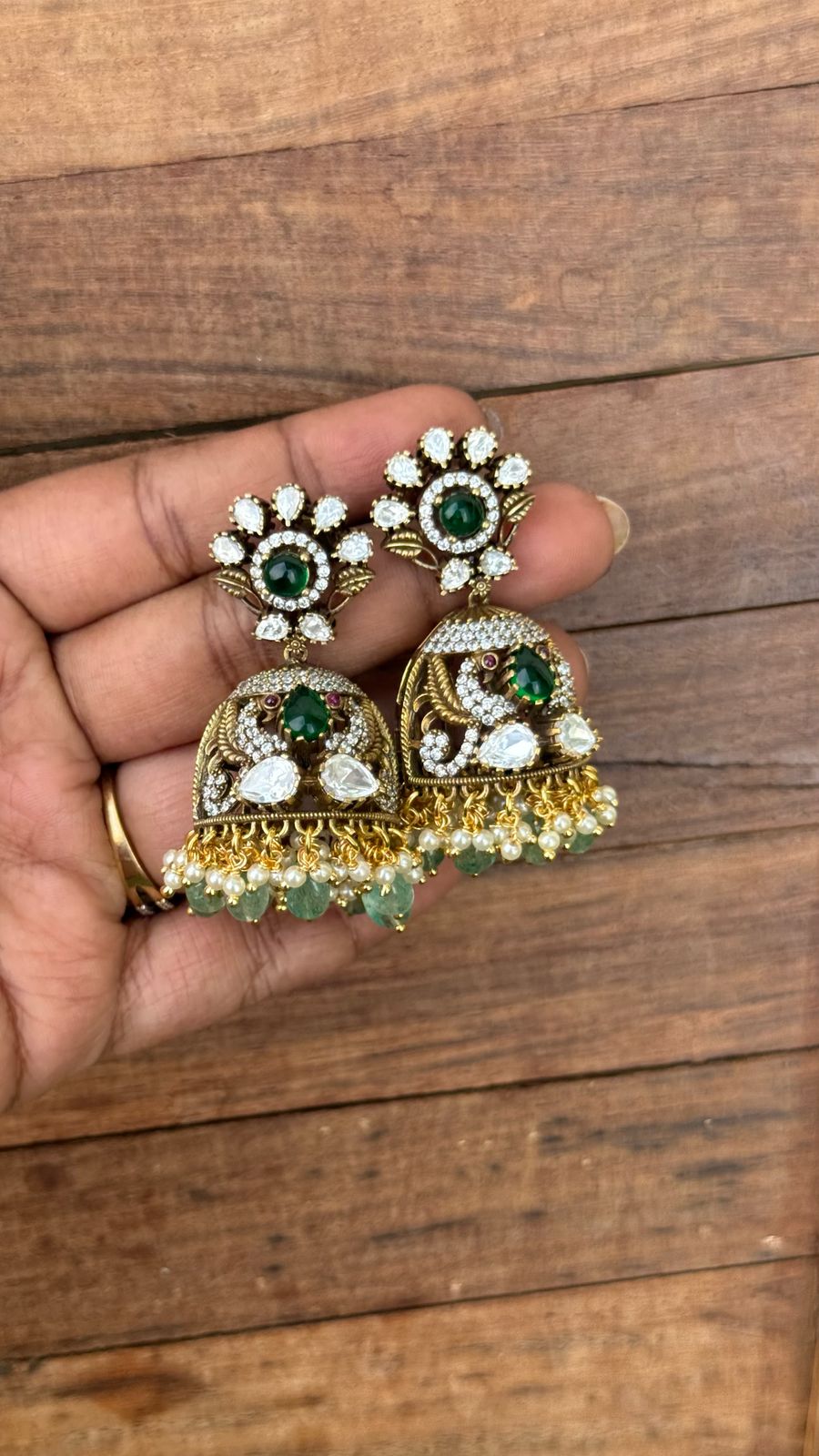 Moissanite peacock engraved jhumkas design5