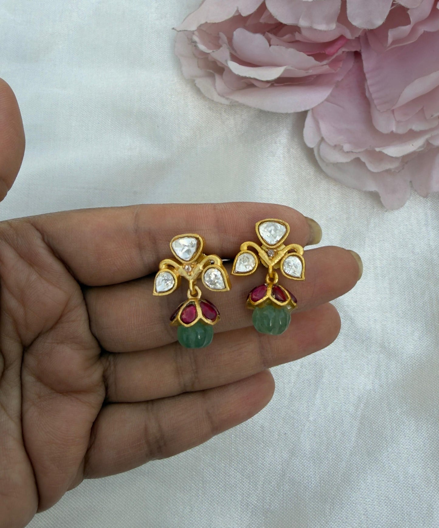 Three stone moissanite real kundan single pumpkin bead cute jhumkas