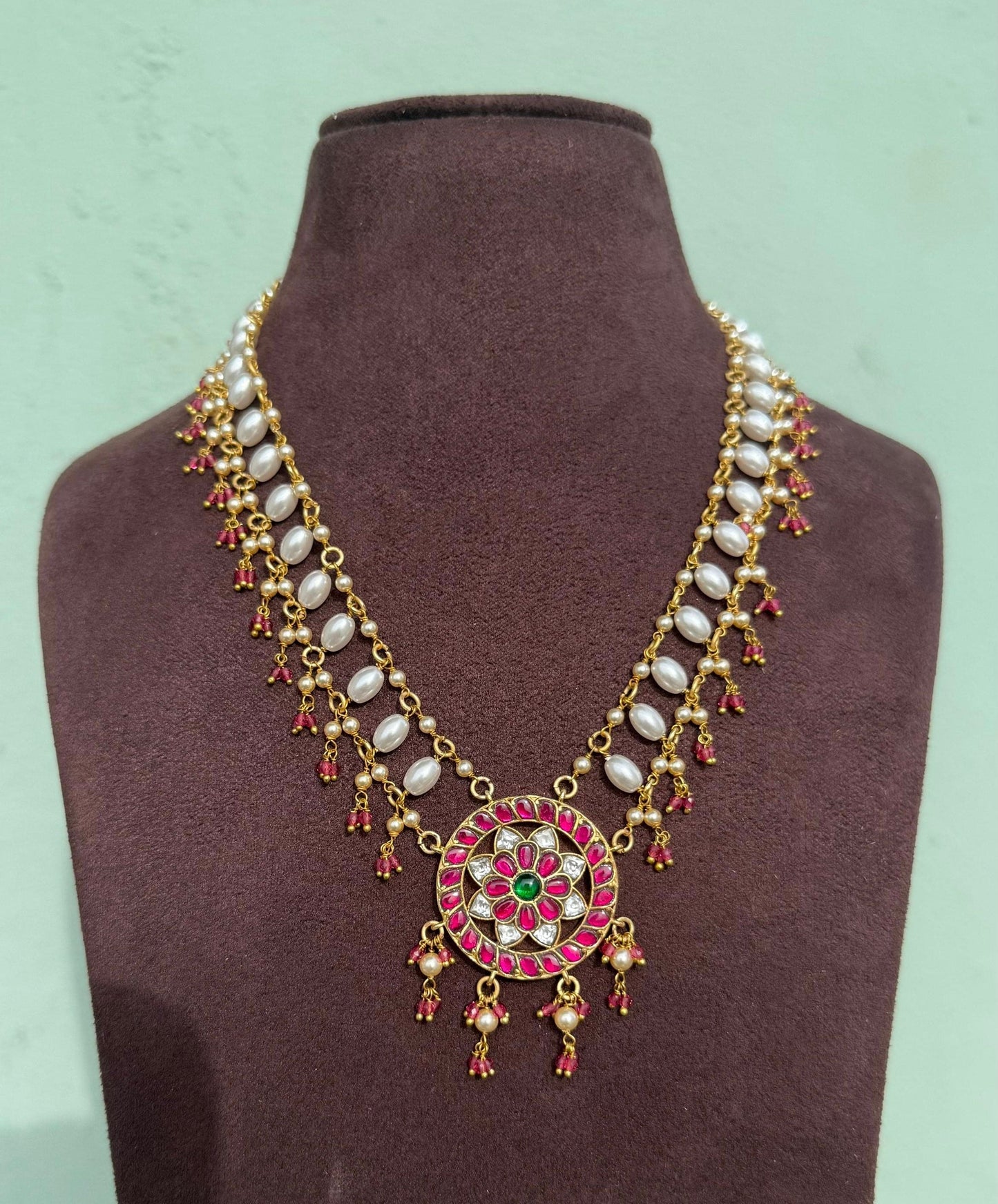 Real kundan designer mala with rice pearl ruby hangings