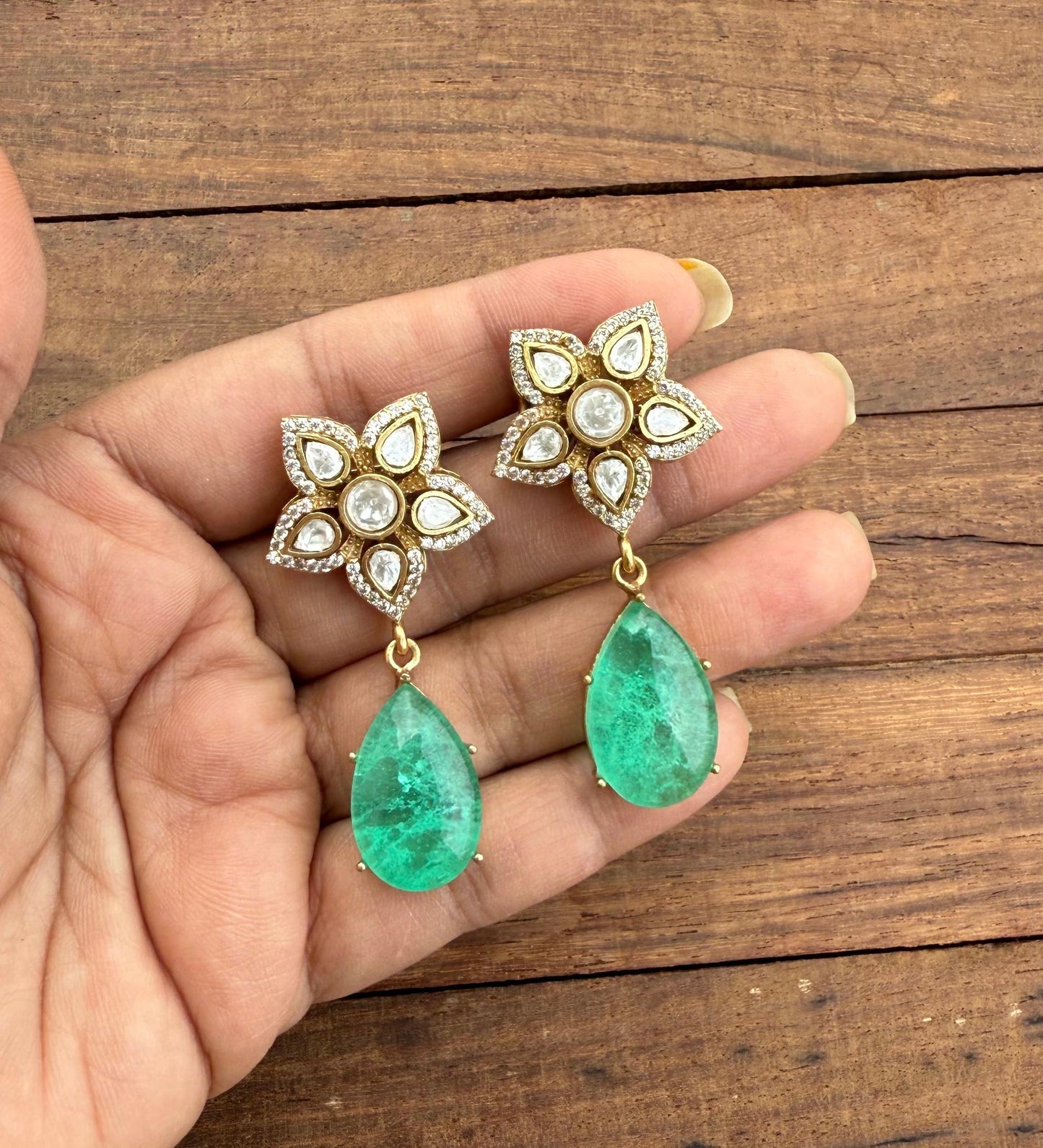 Flower moissanite double stone designer pearl drop earrings