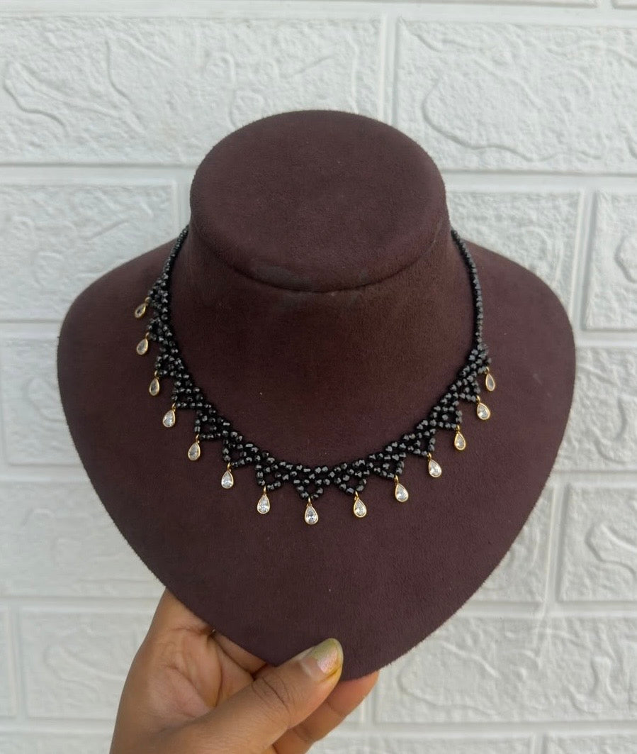 Crystal drop braided designer black beads necklace