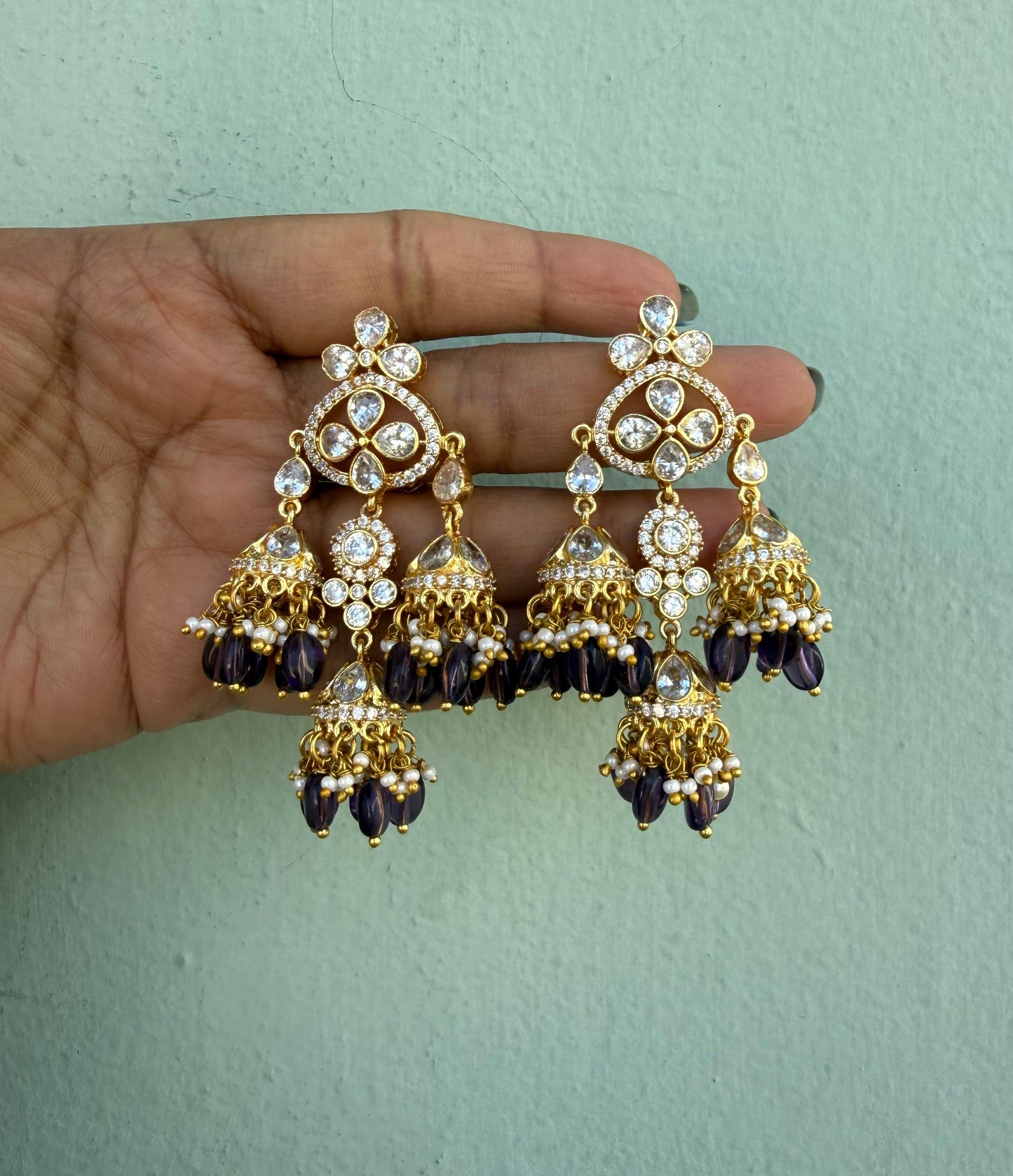 Moissanite traditional three jhumkas