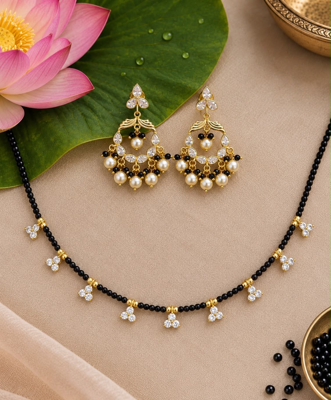 Diamond look black beads necklace with chandbalis combo