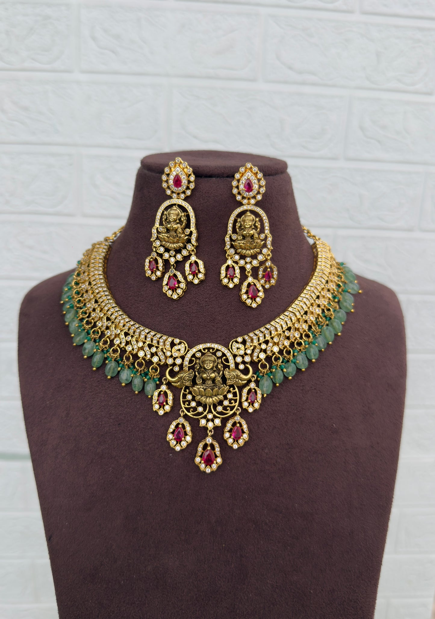Dual elephant lakshmi devi ruby drop necklace with earrings design6