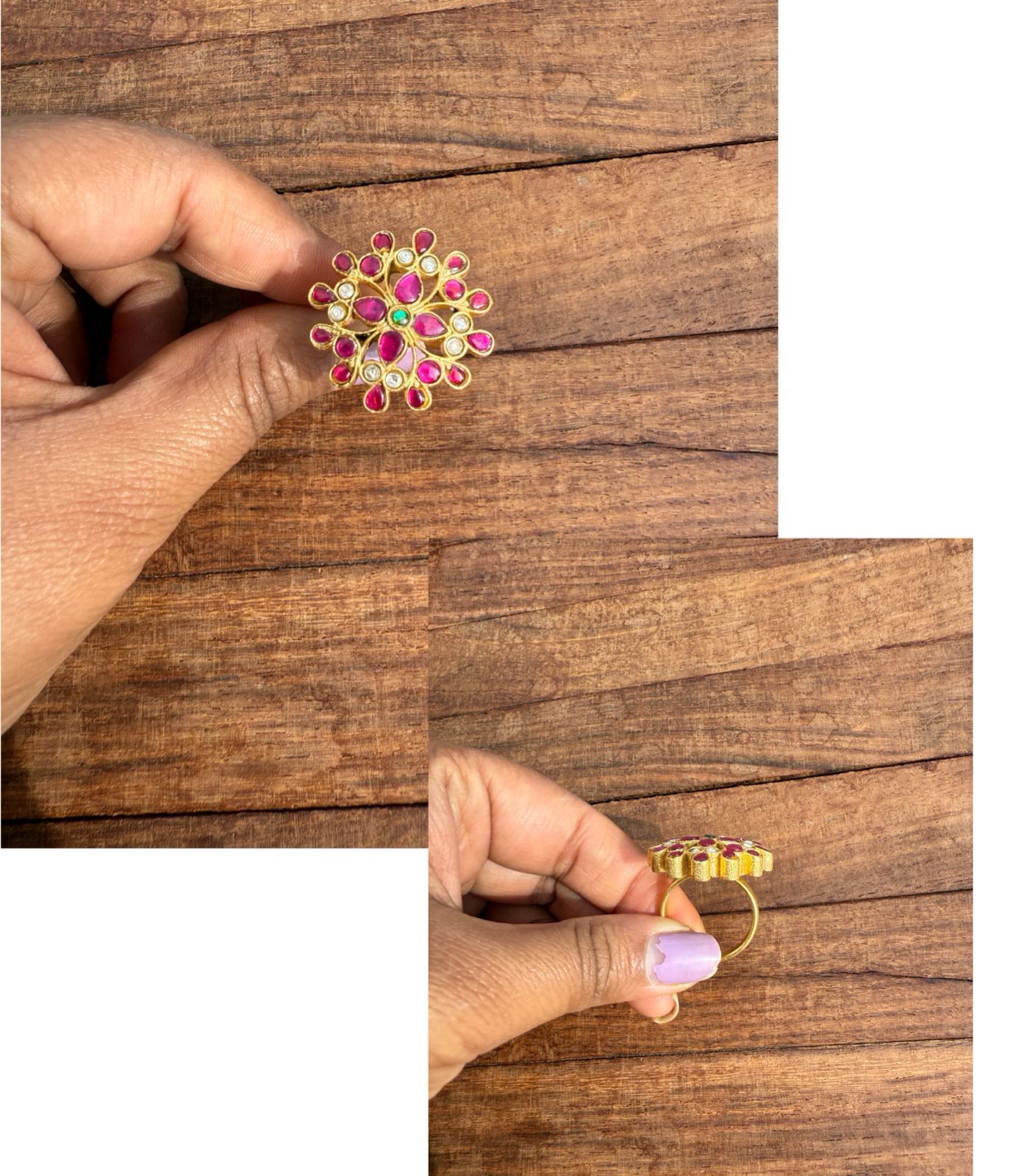 Flower real kundan adjustable finger ring