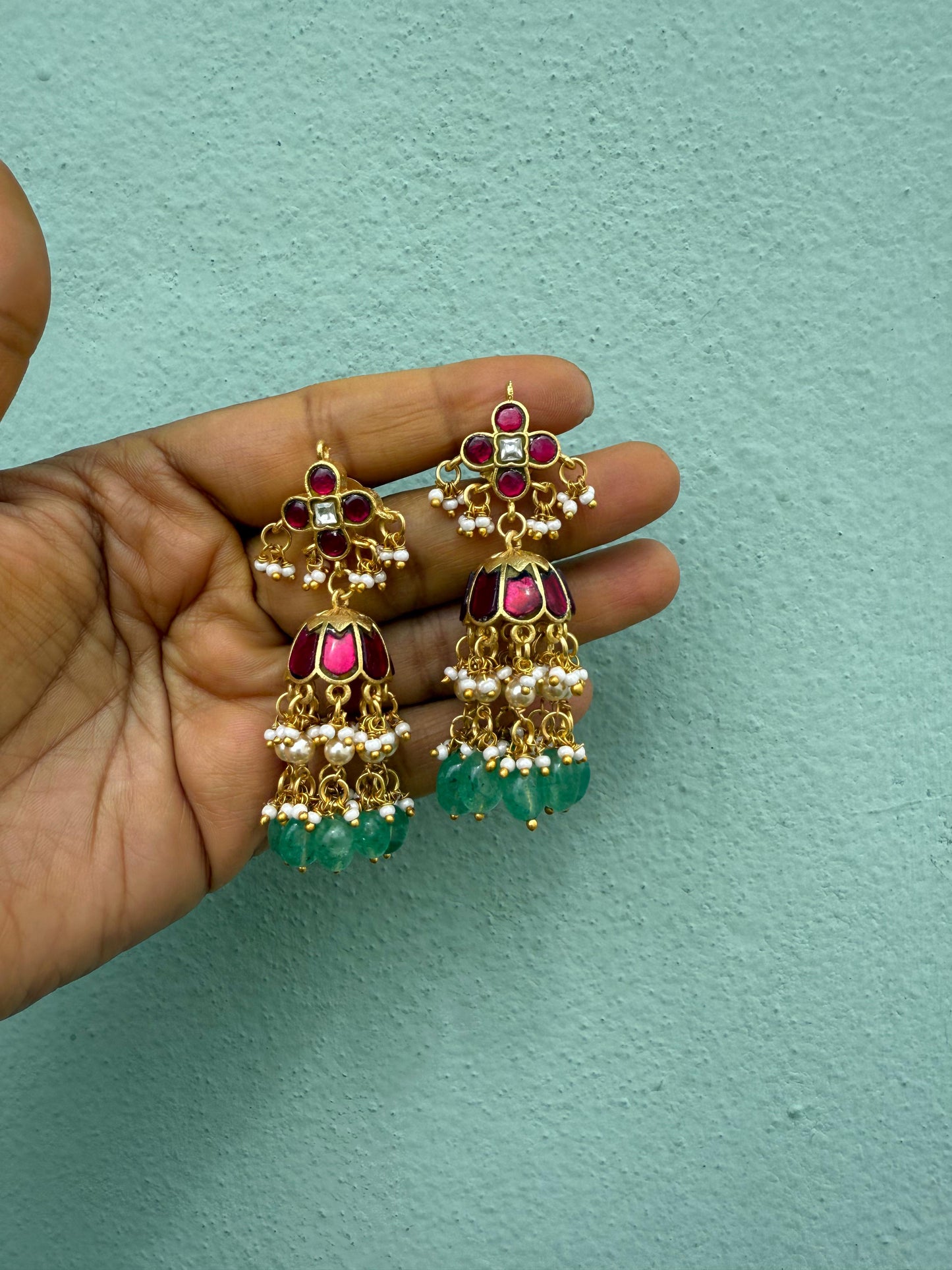 Two layered rhombus real kundan pearl hanging jhumkas