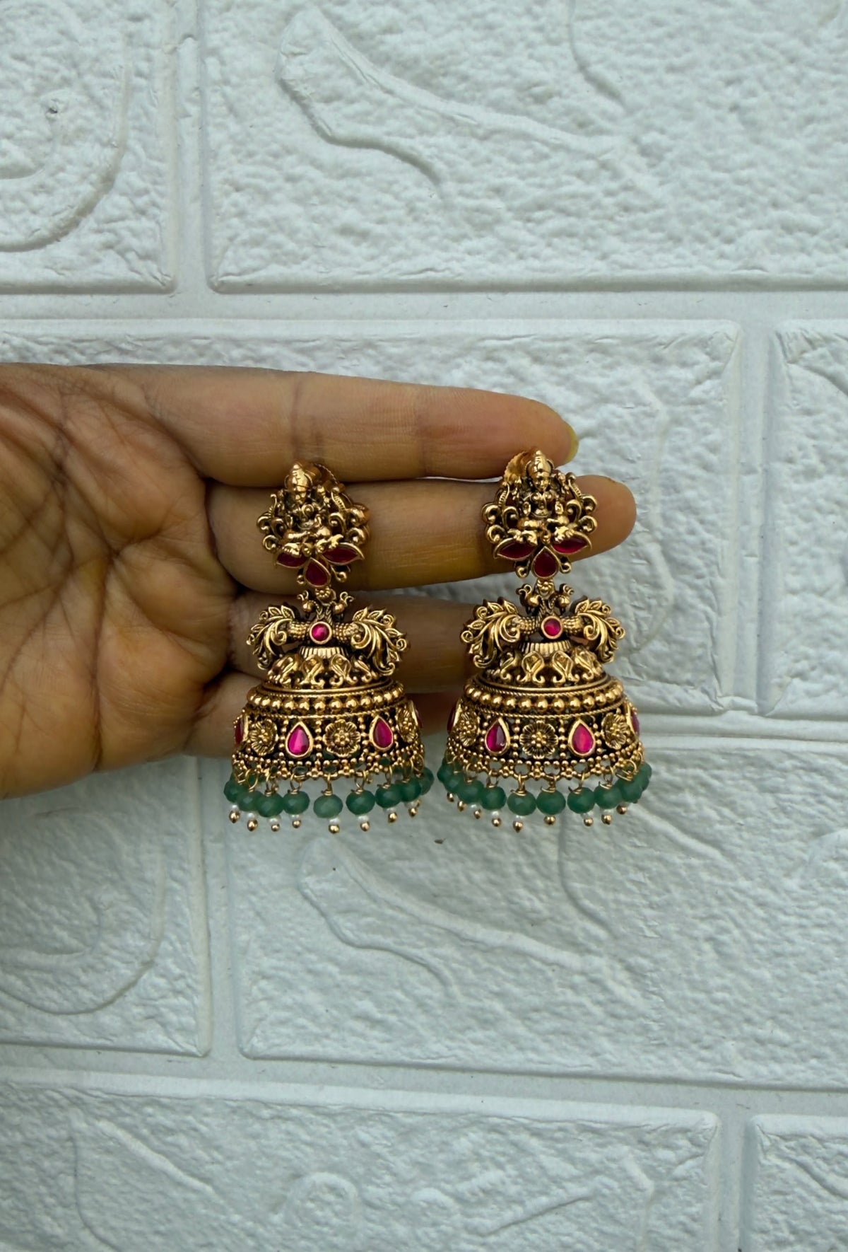 Antique lakshmi dual peacock engraved jhumkas 6