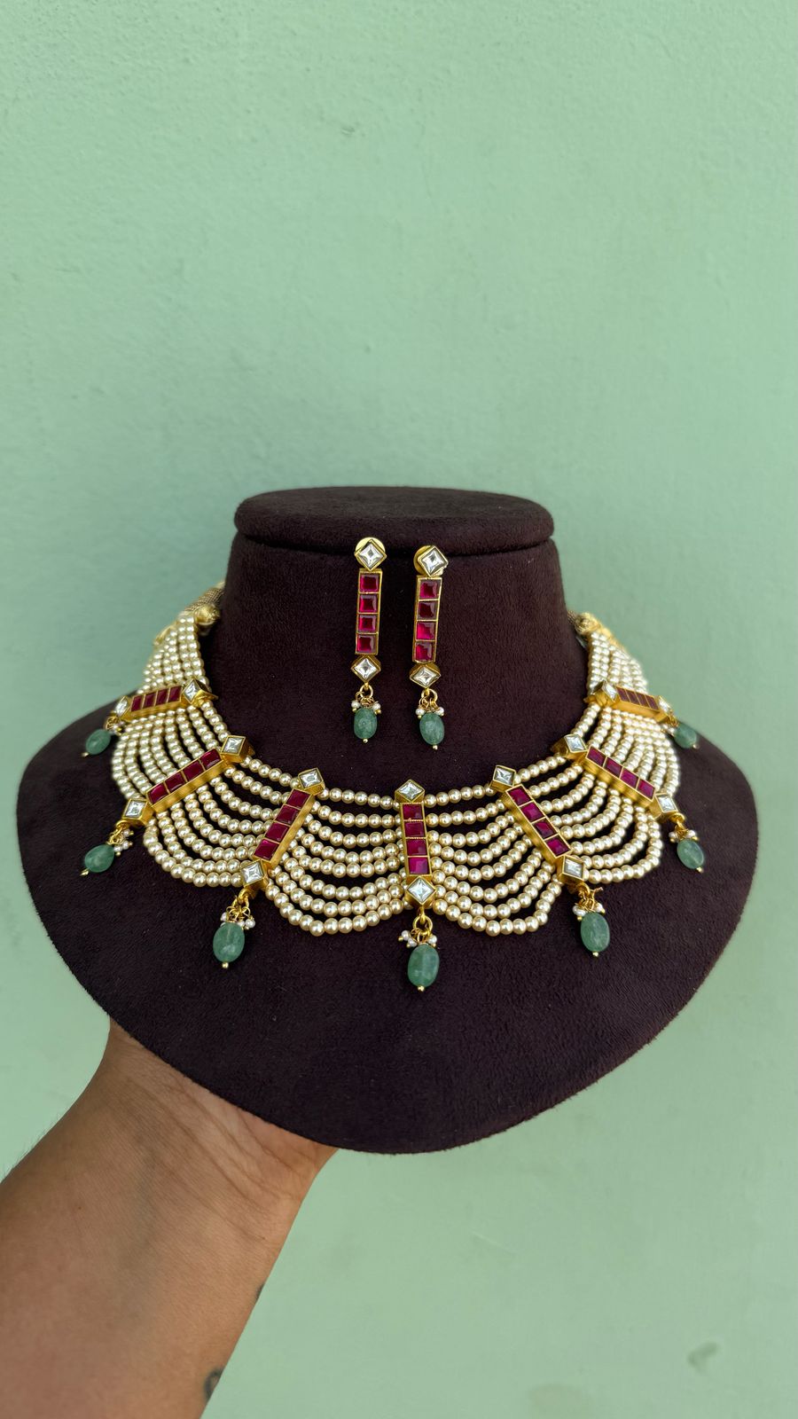 Eight layered designer pearl real kundan necklace
