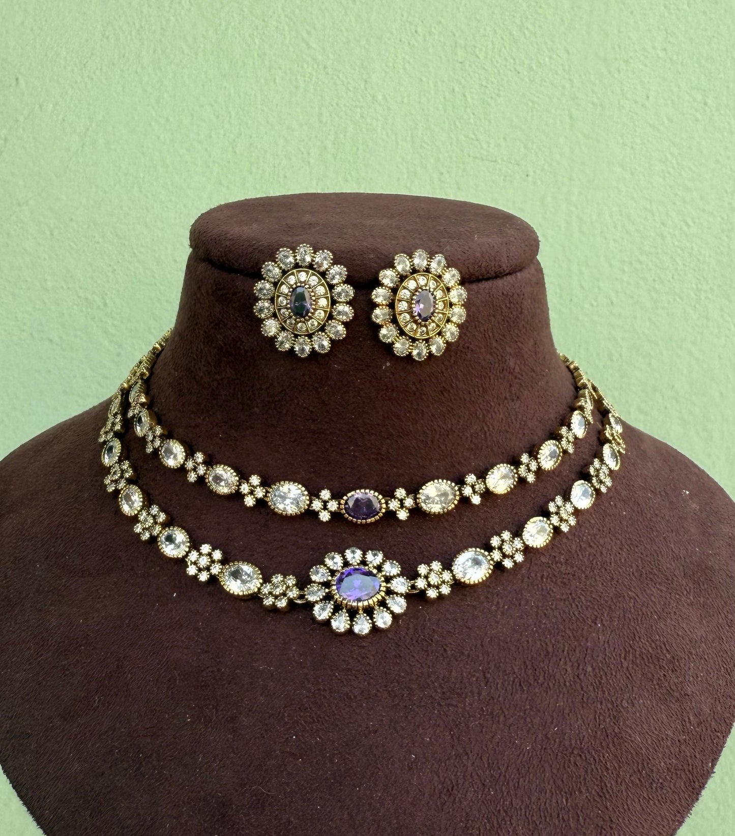 Two layered moissanite kundan victorian necklace with studs