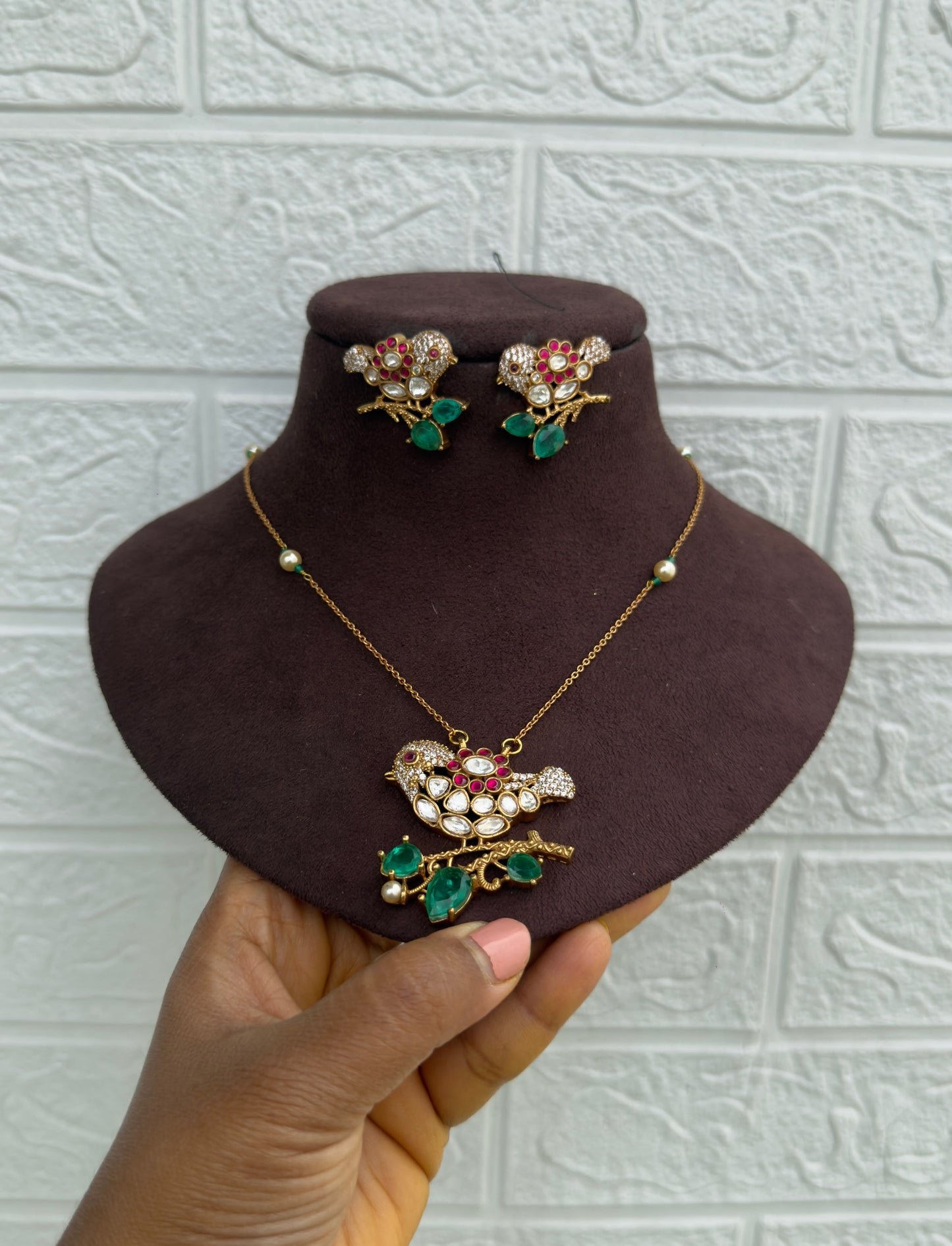 Stylish Designer Parrot Real kundan Moissanite chain with earrings