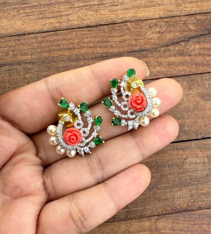Peacock rose sparkle pearl earrings