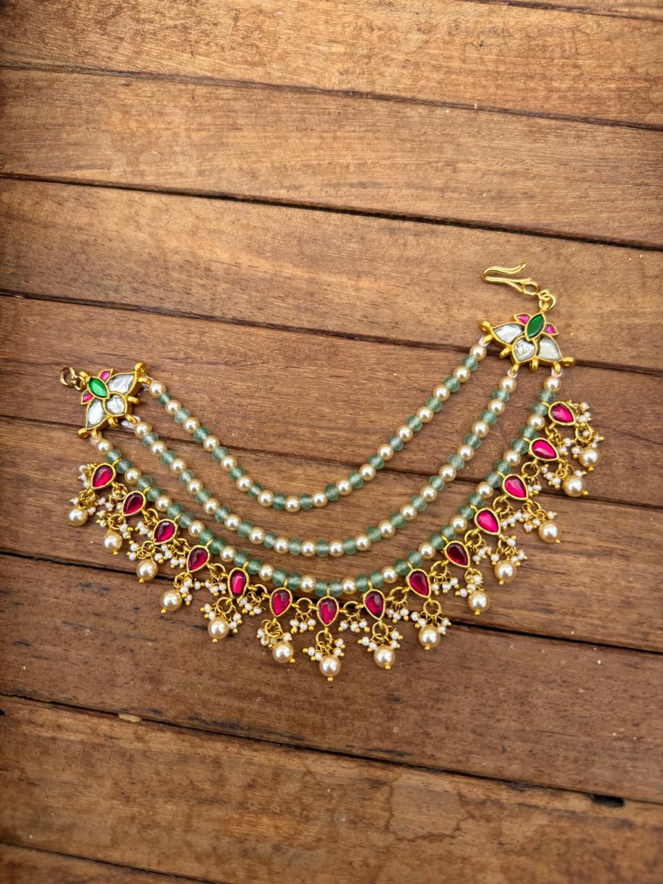 Three layered real kundan pearl champasavaraku maatis / hair accessory