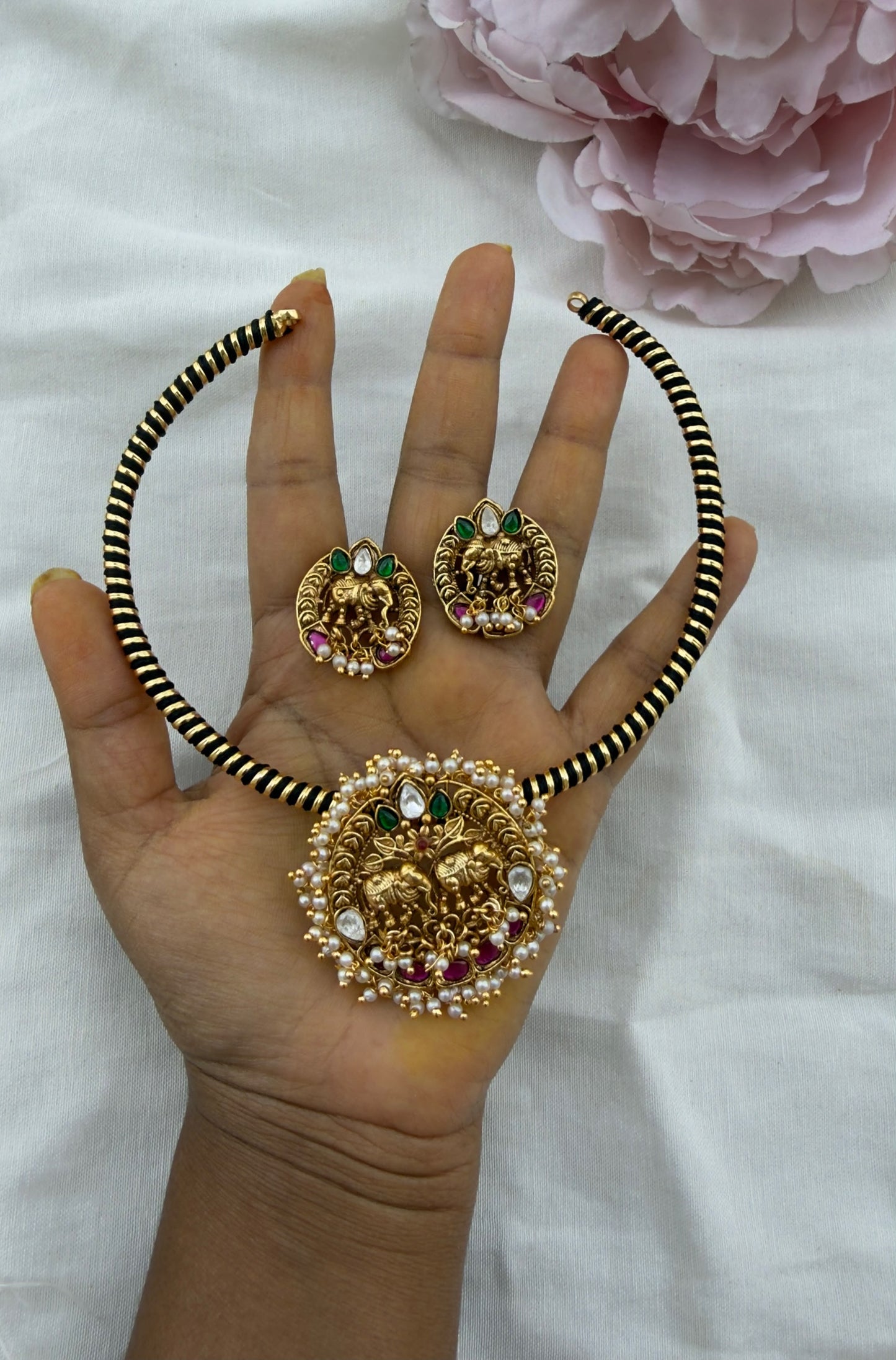Dual elephant gold look alike real kundan locket combo