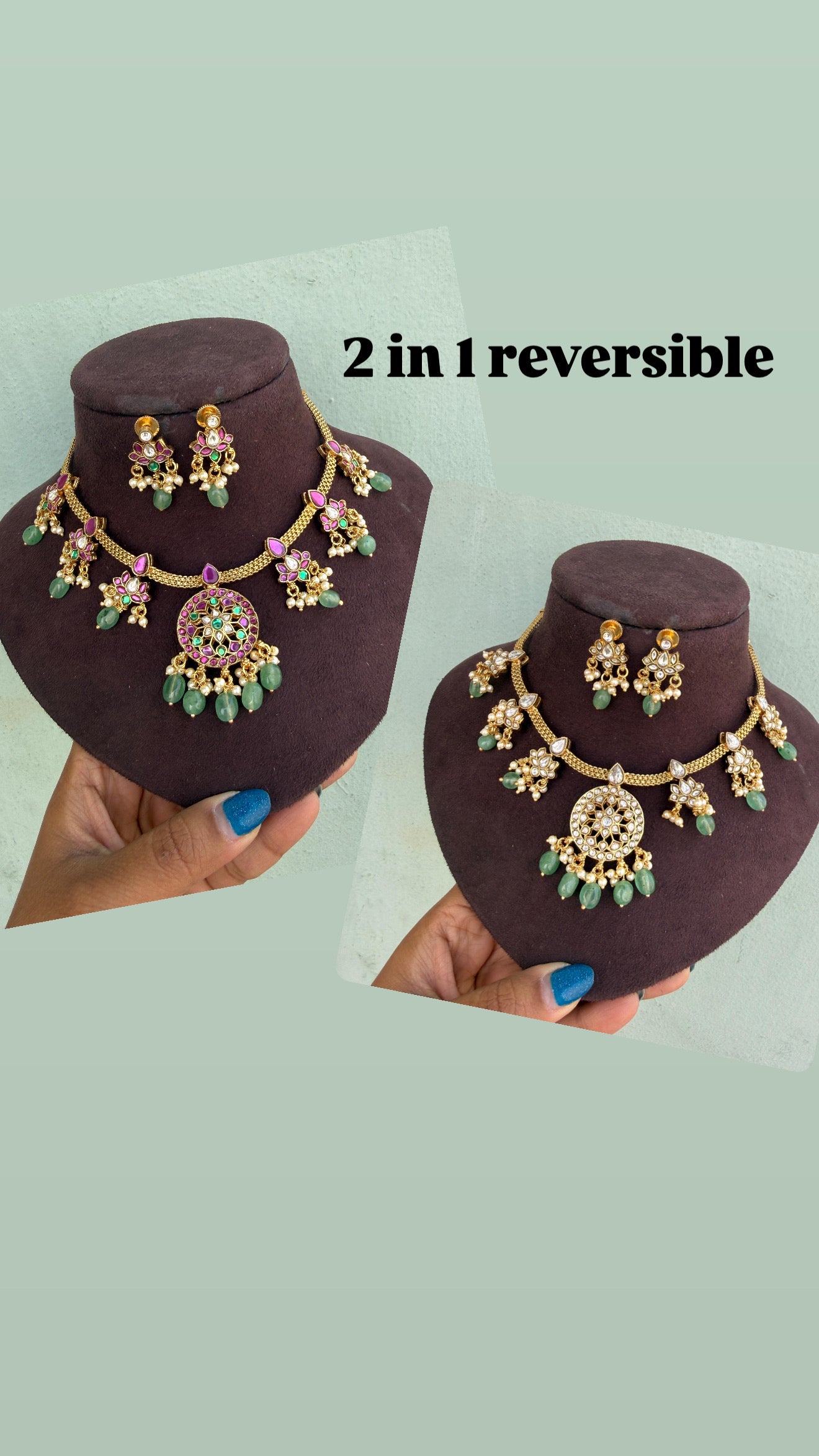 2 in 1 reversible real kemp lotus flower necklace with earrings