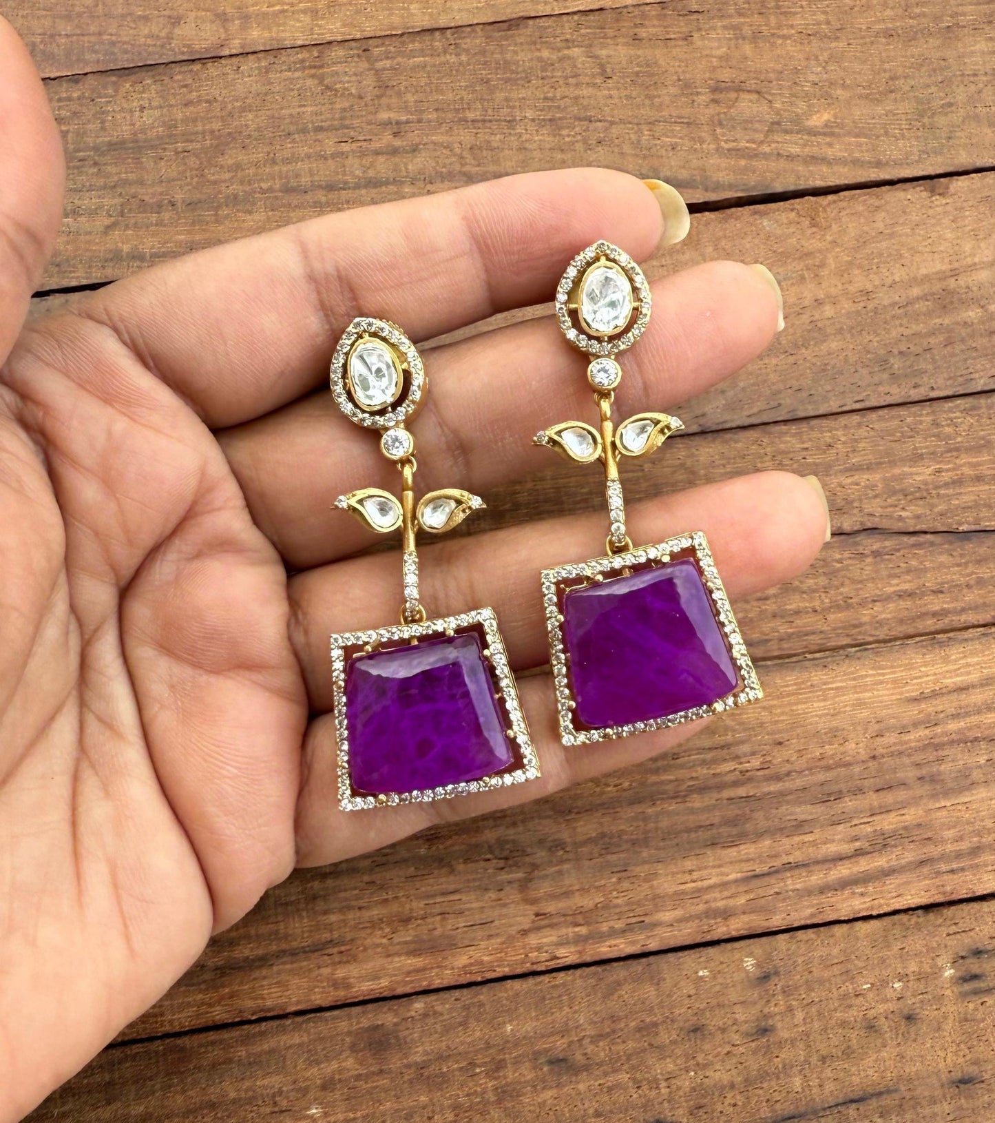 Statement two leaf doublet stone designear earrings