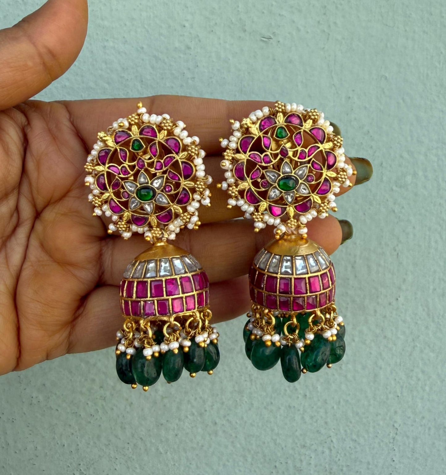 Heay stud flower real kundan jhumkas 5
