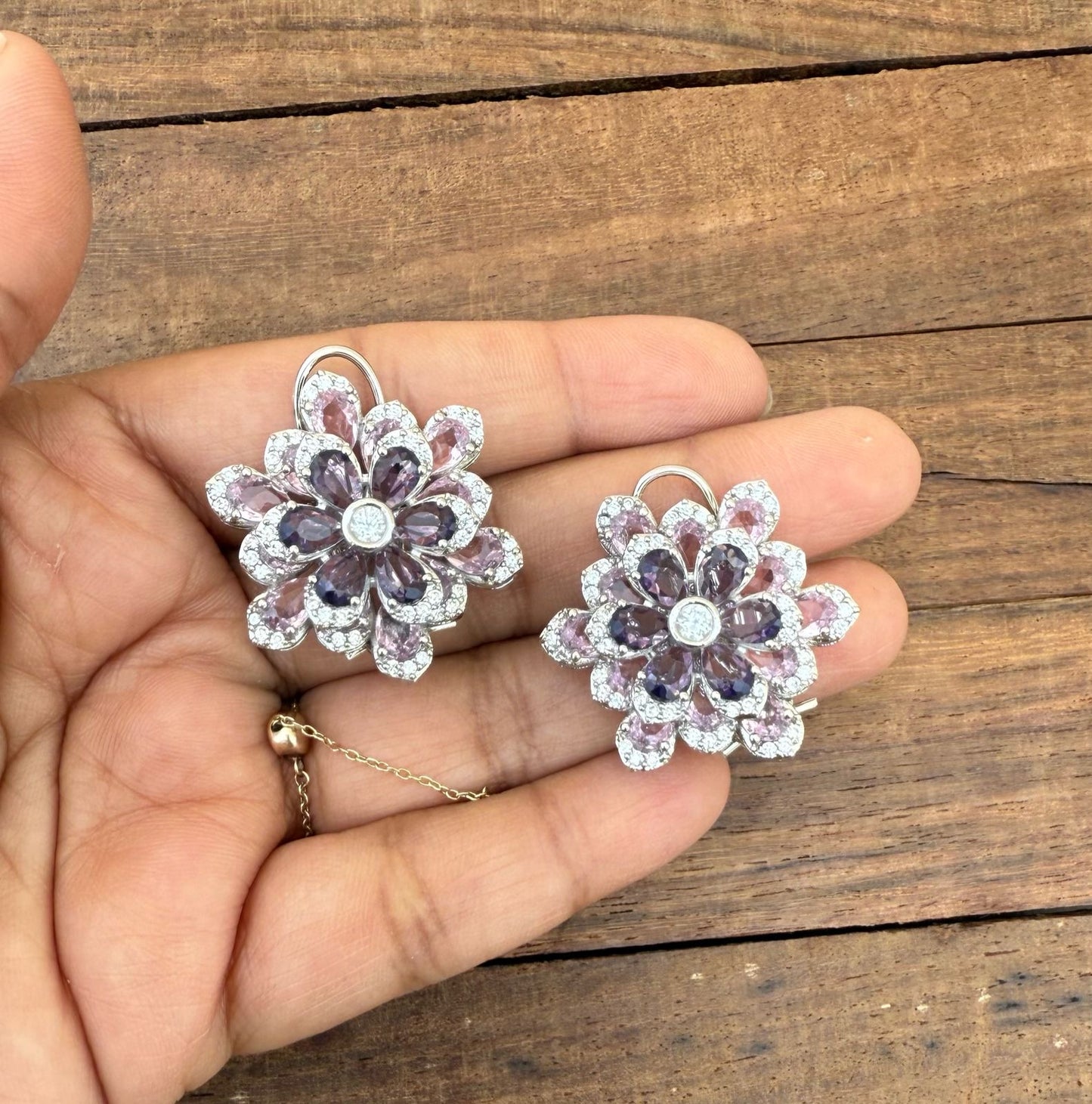 2 in 1 changeable dual shaded flower zircon cocktail studs
