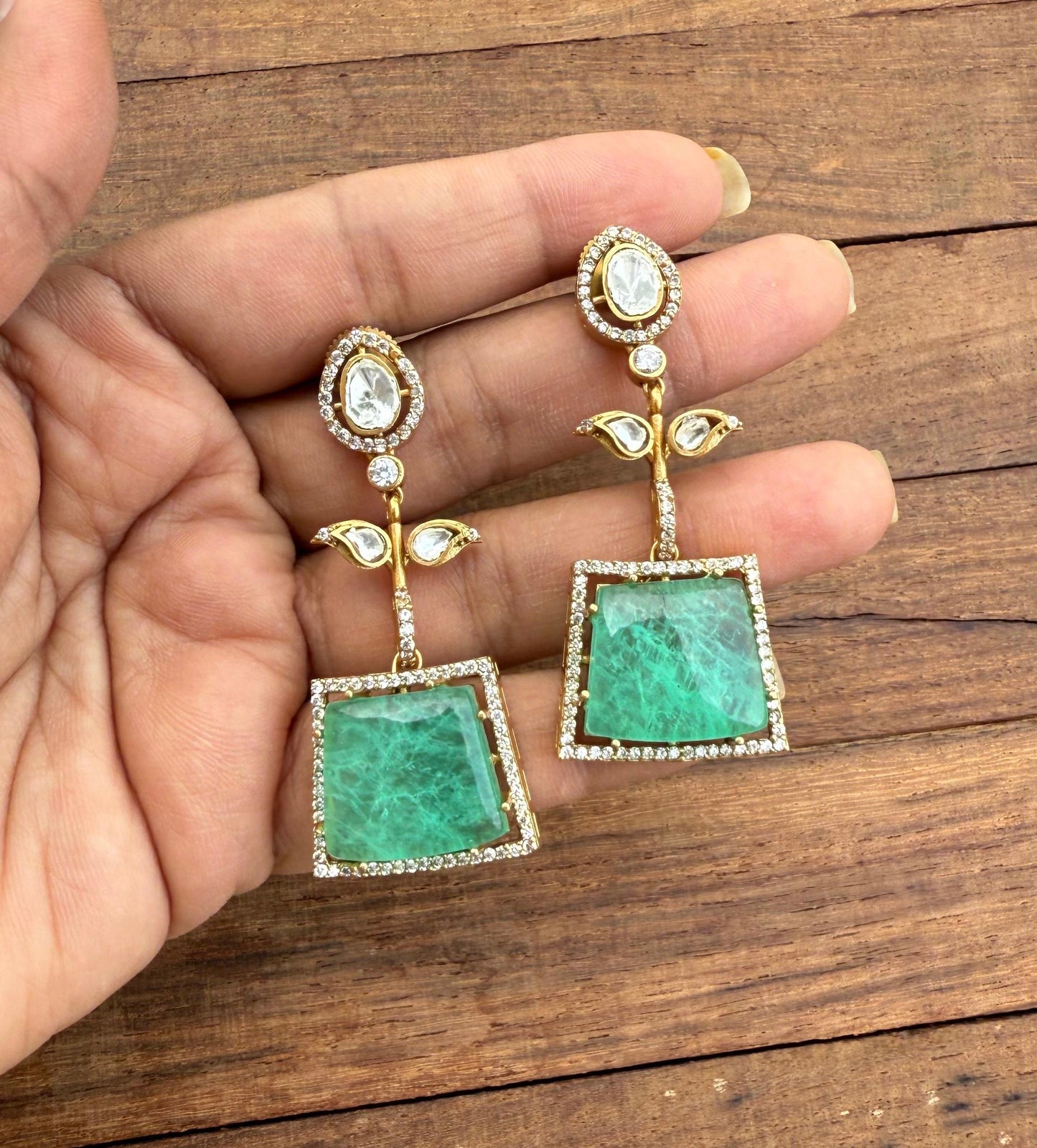 Statement two leaf doublet stone designear earrings