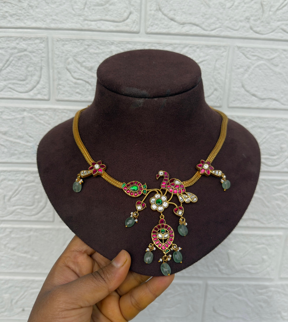 Flower peacock mango real kundan nano necklace