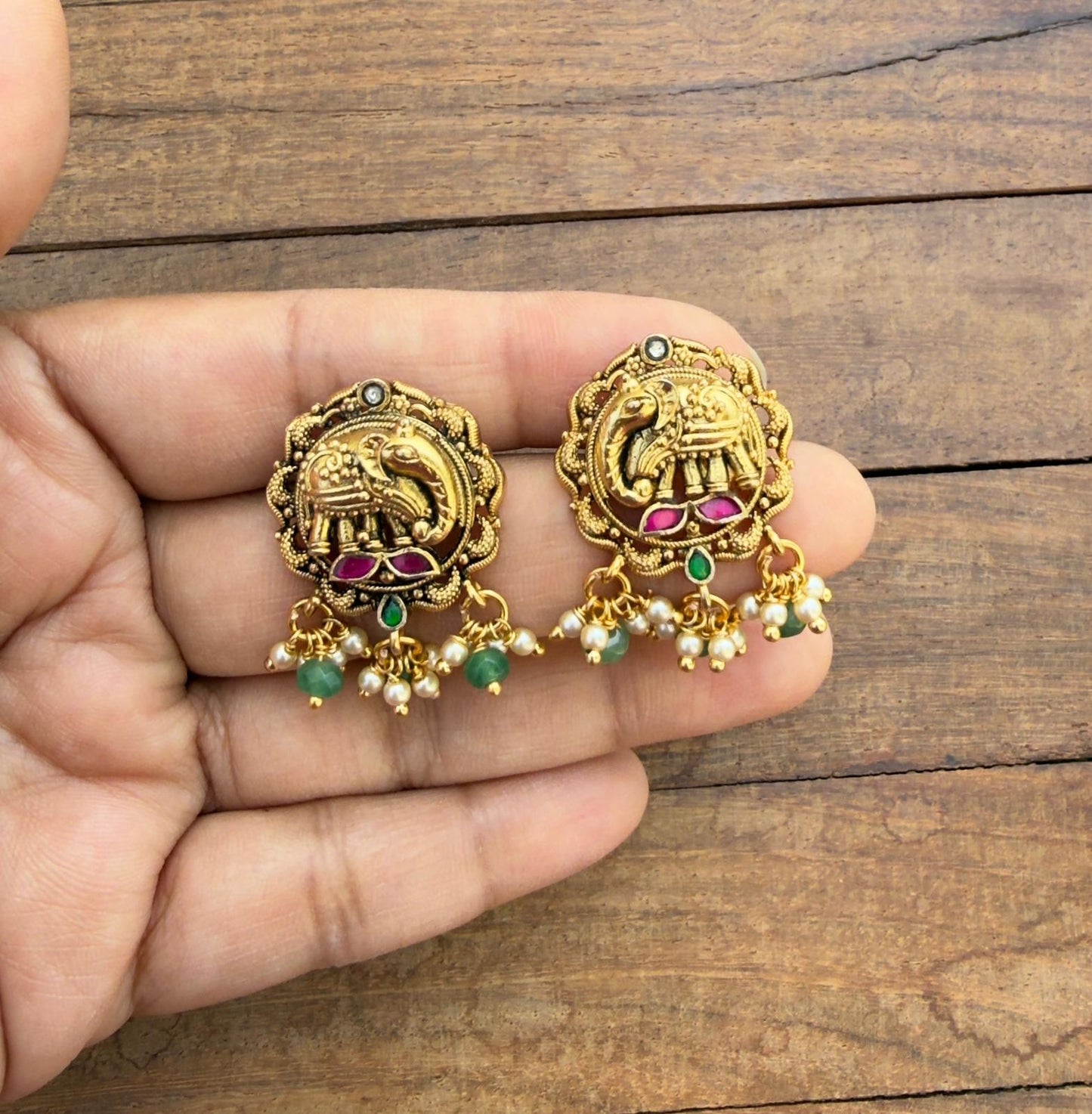 Cute real kundan elephant antique studs with hangings