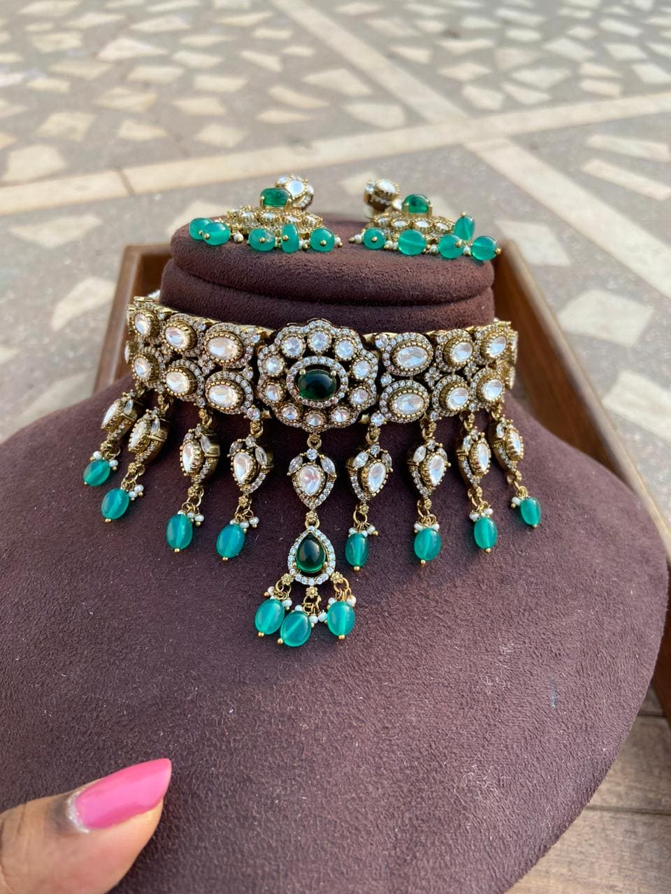 Moissanite stone partywear choker and earrings design 3