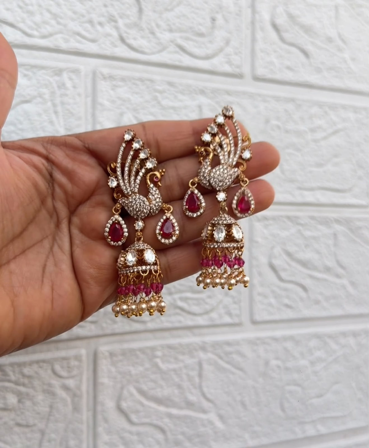Peacock moissanite green ruby two pearl jhumkas 6